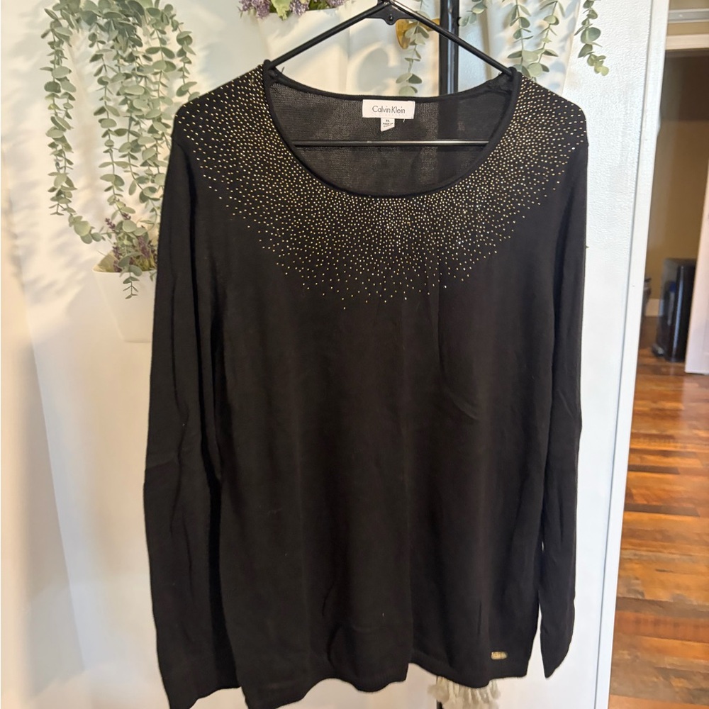 Calvin Klein Black Long Sleeve Top with Gold Stud Accents